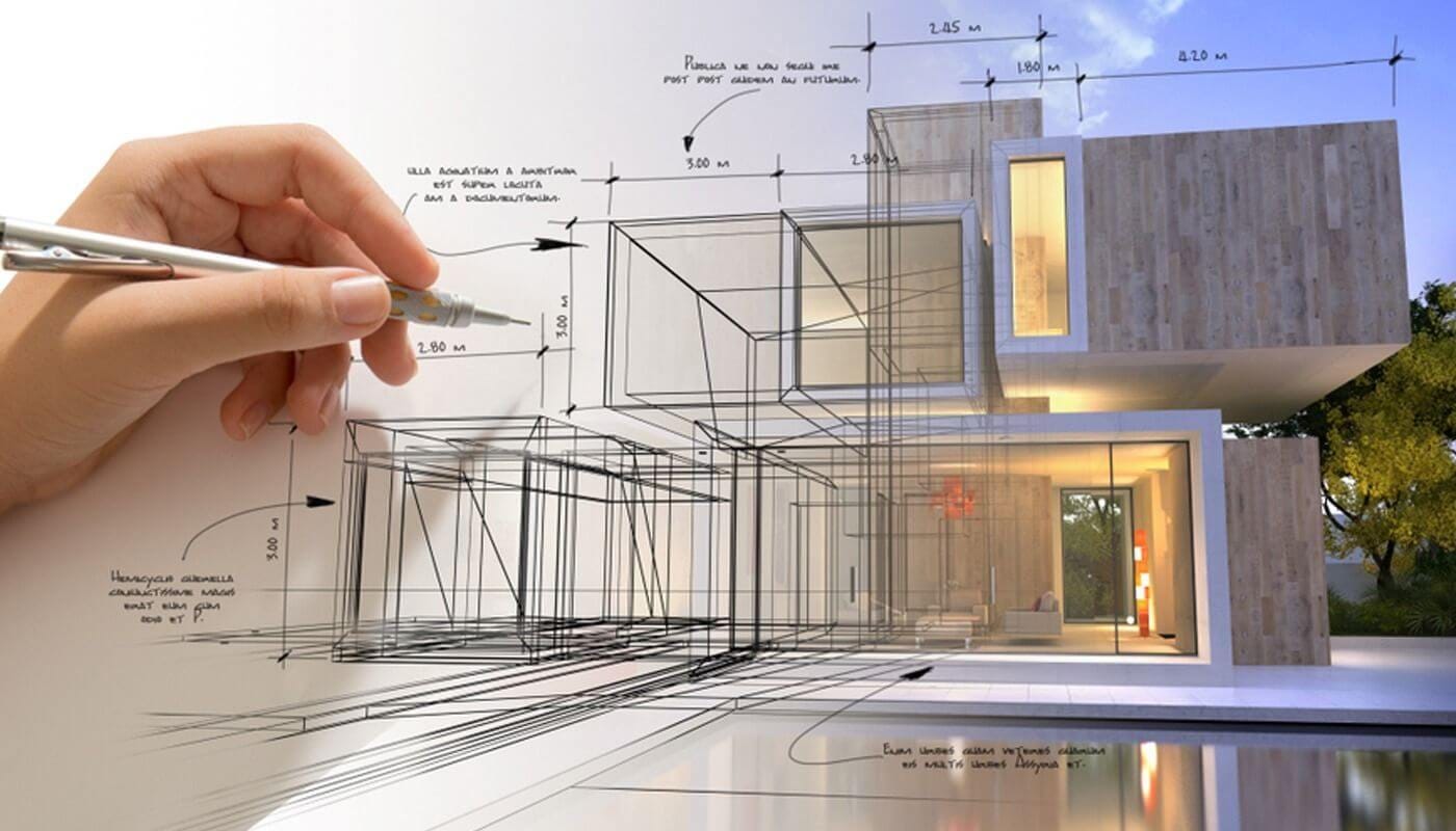 Hand sketching a house in pencil, the drawing blending into the finished building