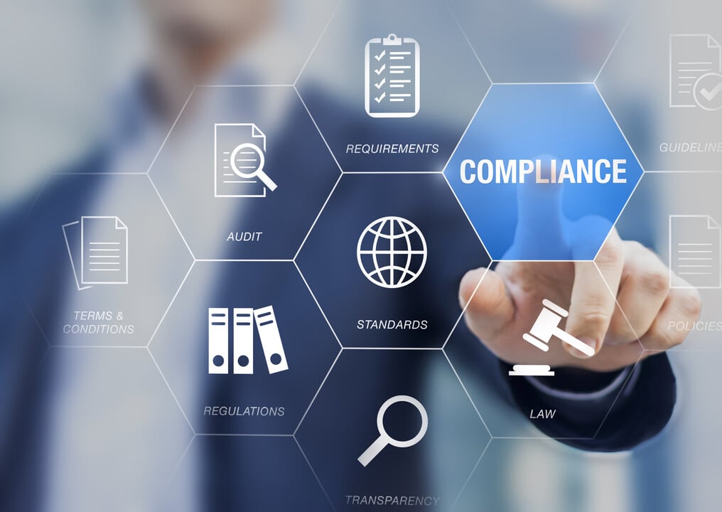 Hexagon icons labelled compliance, regulations, standards, audit, requirements and law
