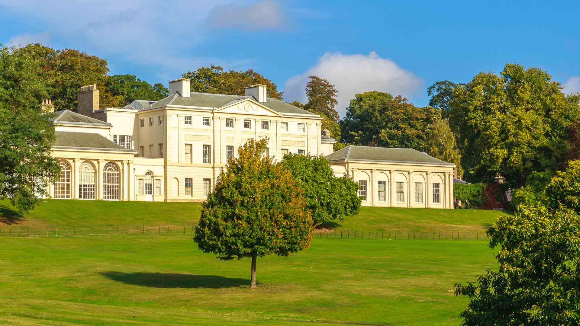 Kenwood House, a cream neoclassical villa, across a lawn