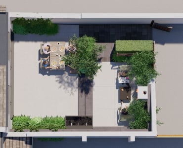 Computer-generated view from above of a planted roof terrace with a dining table