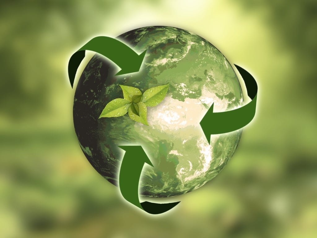 Green globe wrapped in recycling arrows with a seedling on top