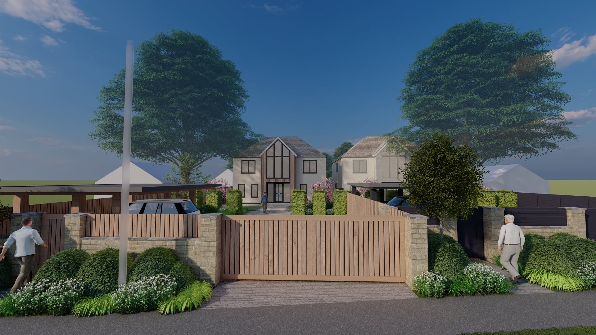 Computer generated image of houses behind timber gates at dusk