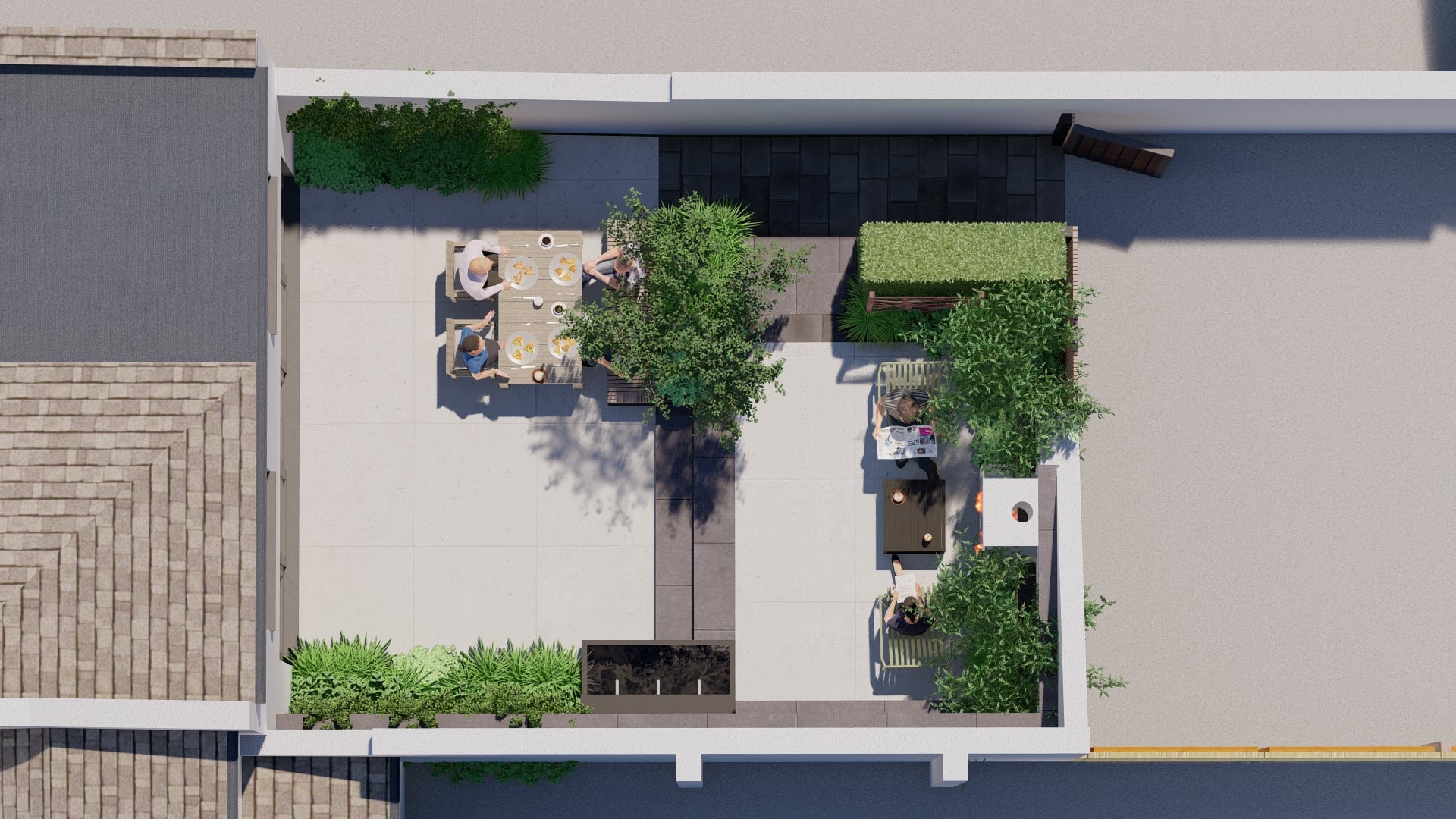 Computer generated aerial view of a terrace with planting and tables