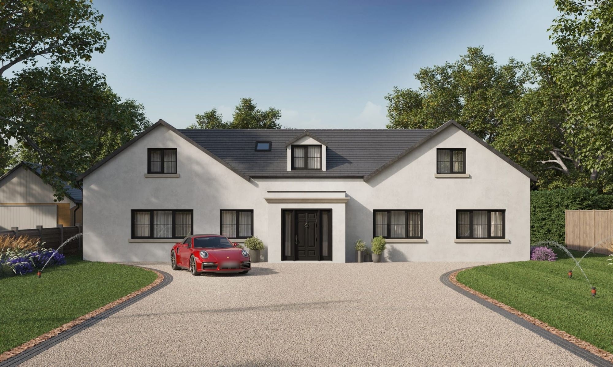Computer generated image of the front of a white rendered house with a gravel drive