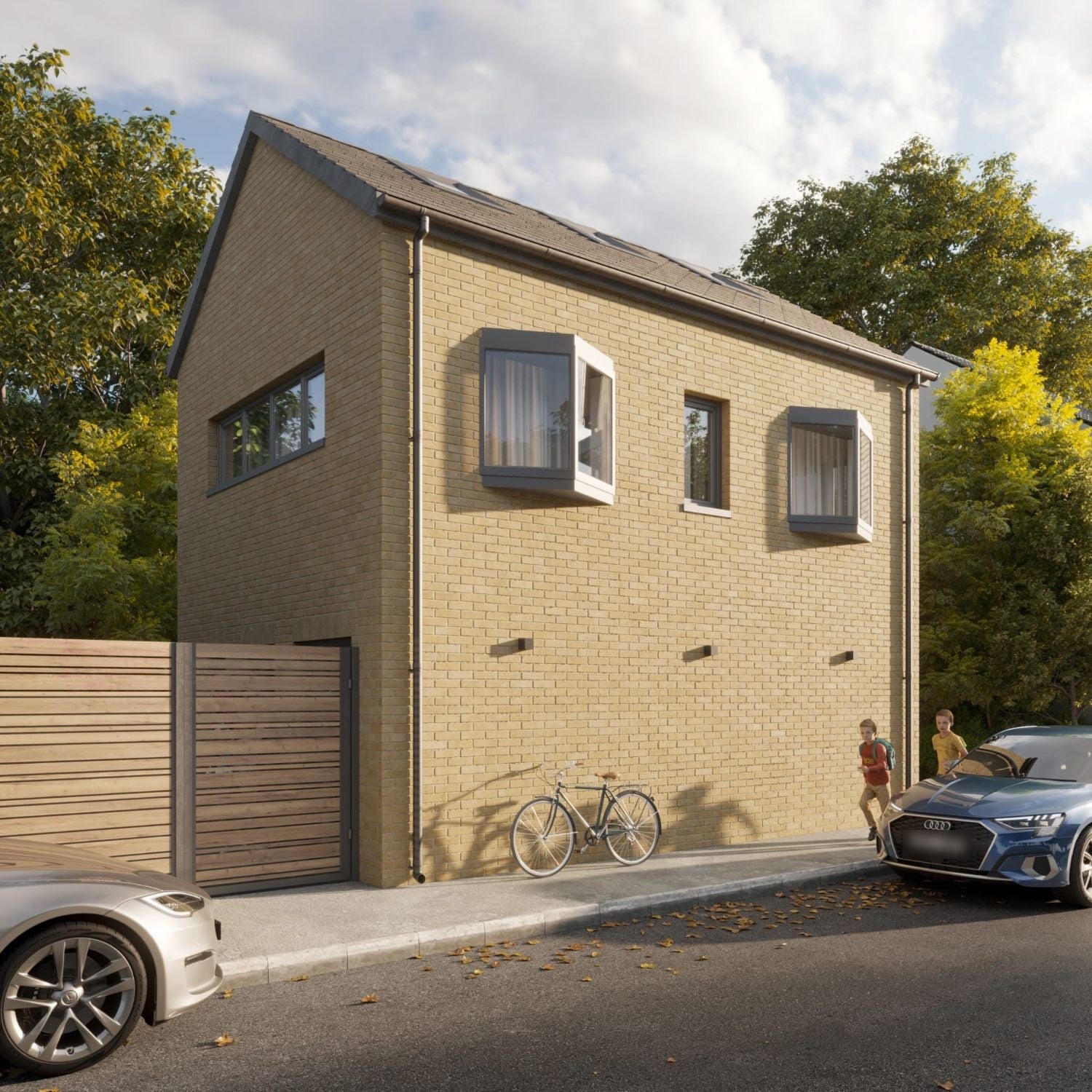 Computer generated image of a two storey buff brick house seen from the street