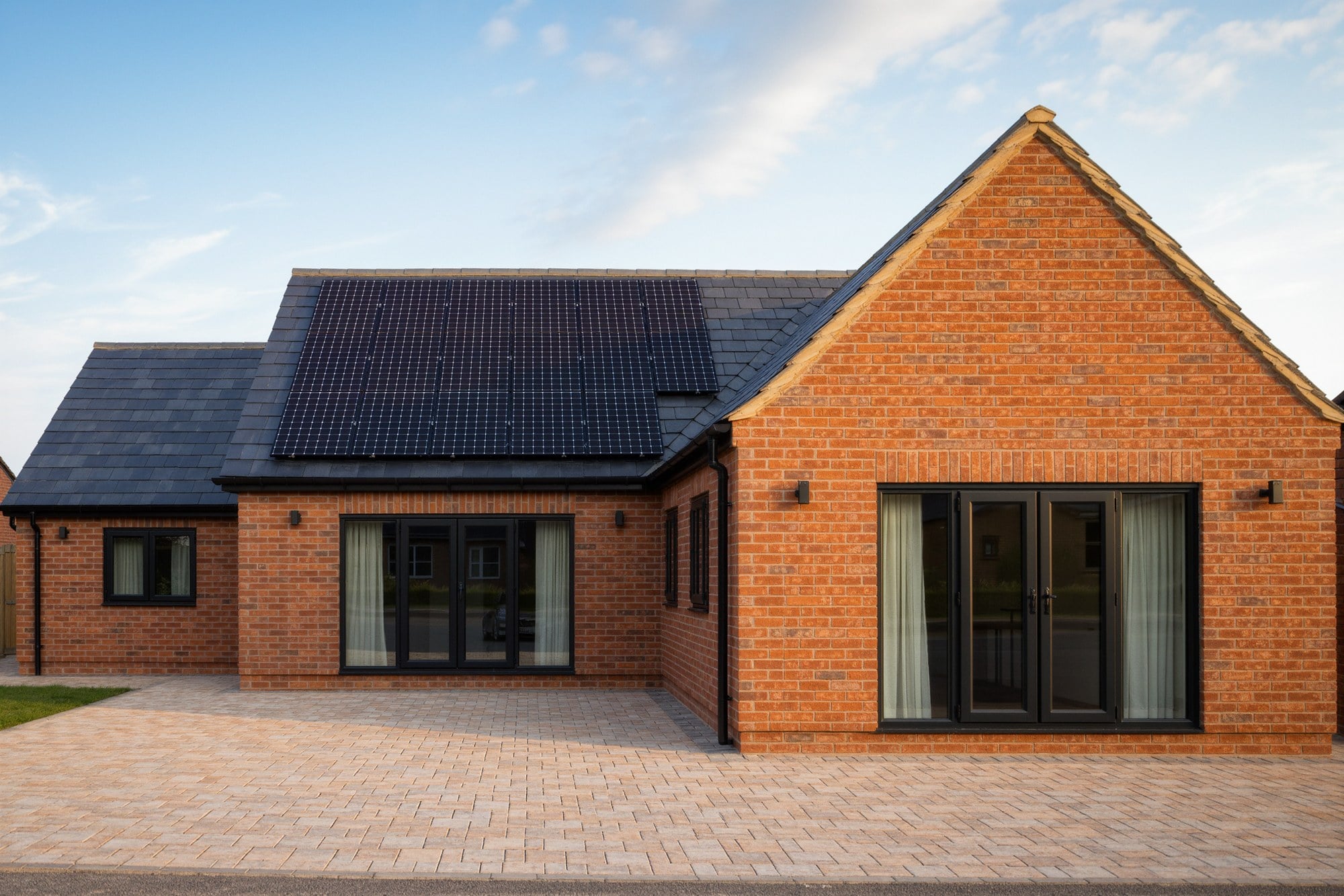 Brick house with solar panels on a slate roof