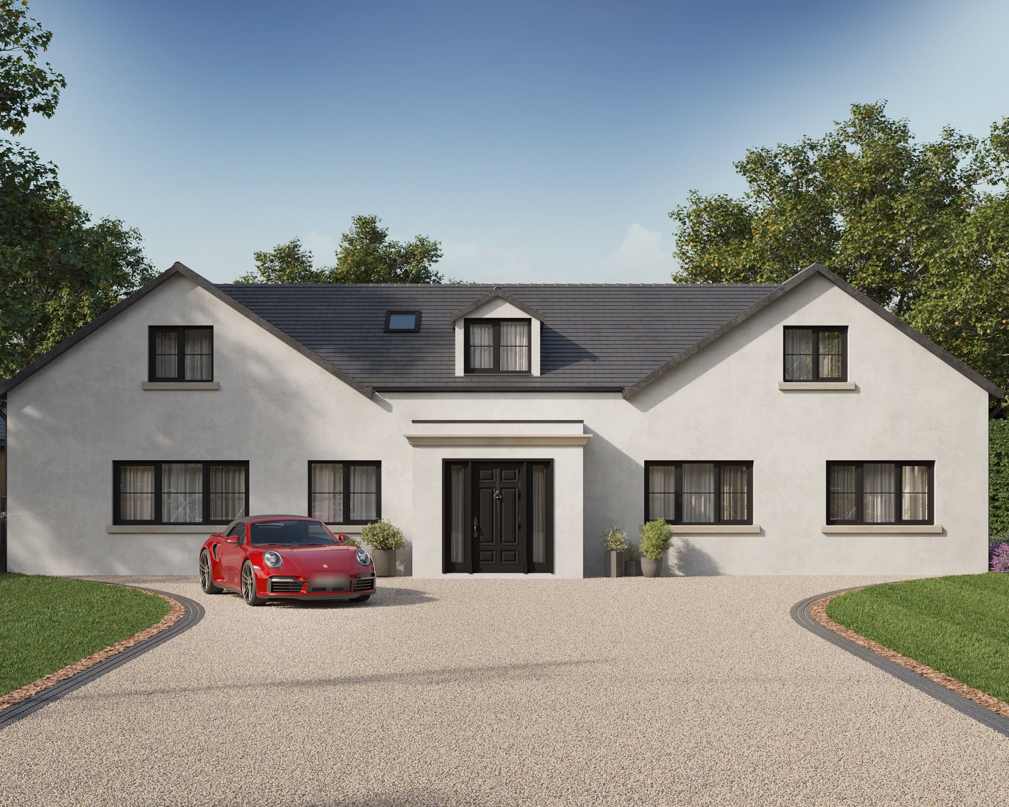 Computer generated image of a proposed white rendered house with a gravel drive